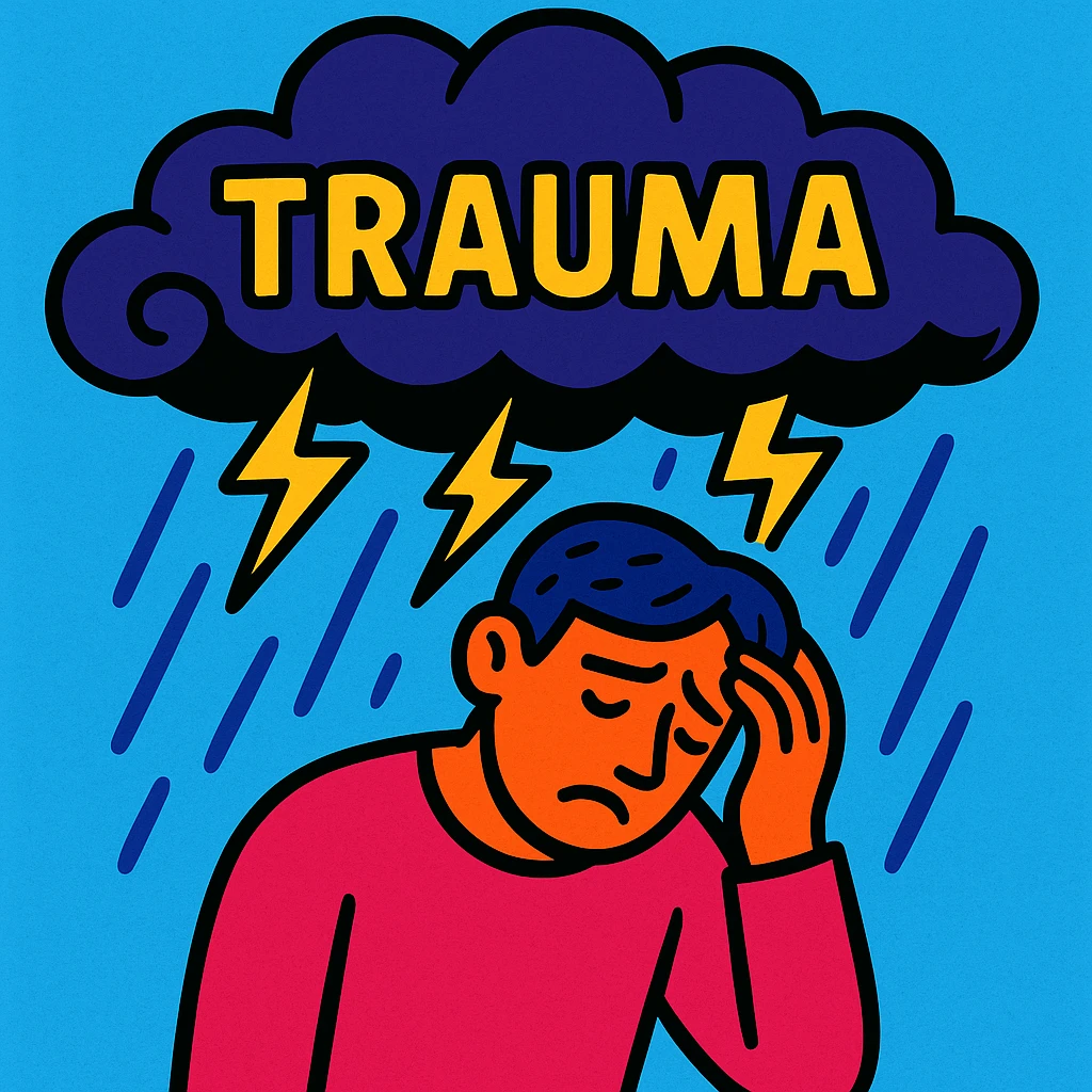 trauma as a storm cloud over a figure in vibrant toon style emoji