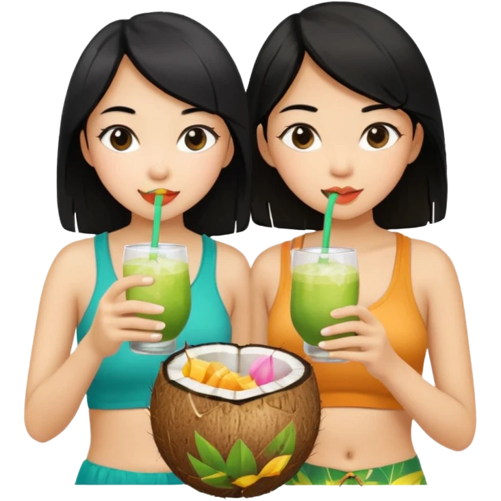 Two girls drinking out of a coconut one is Asian with black hair the other is white with blonde hair  emoji