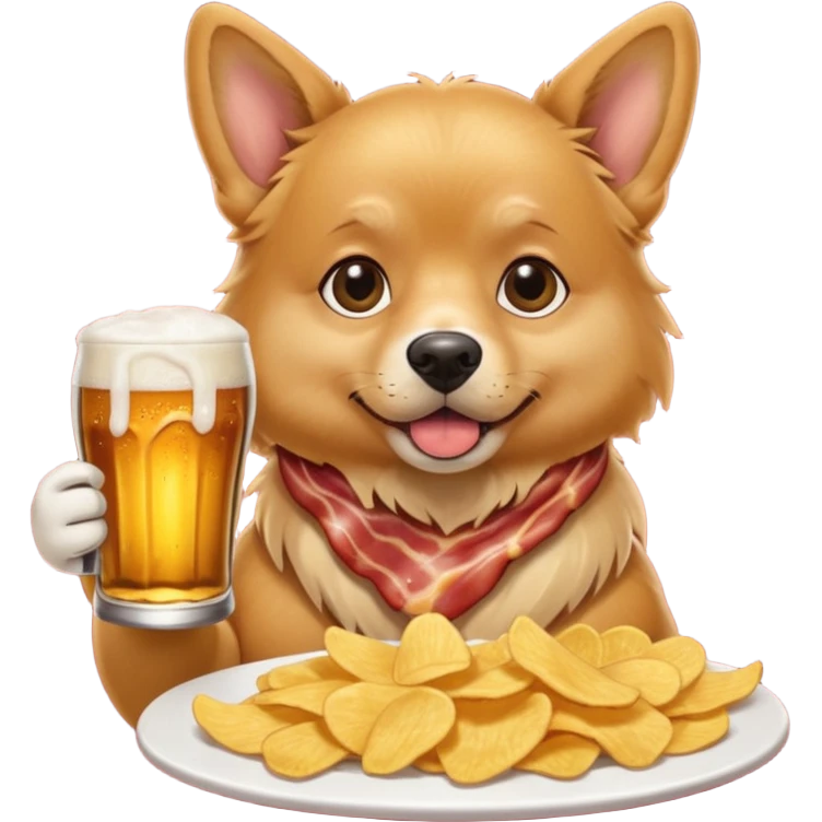 A realistic Dog eating chips and drinking beer on a piece of bacon emoji