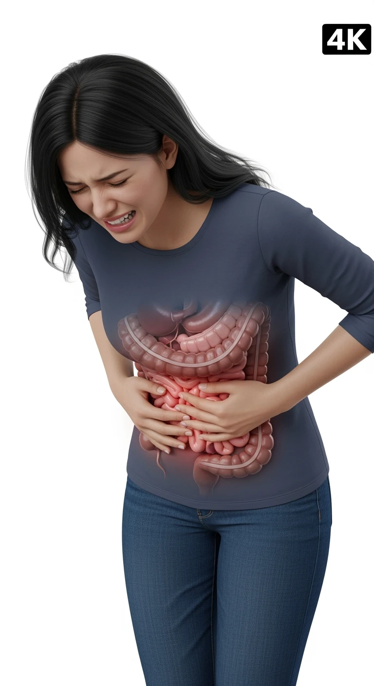 donna giovane piegata in avanti con mal di pancia e INTESTINO UMANO ANATOMICO IN EVIDENZA, iperrealistica 4k, ISOLATA SU SFONDO BIANCO emoji