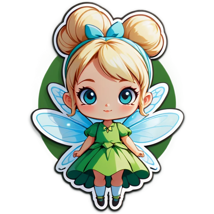 Fairy who has blonde bun and blue eyes and wears green emoji