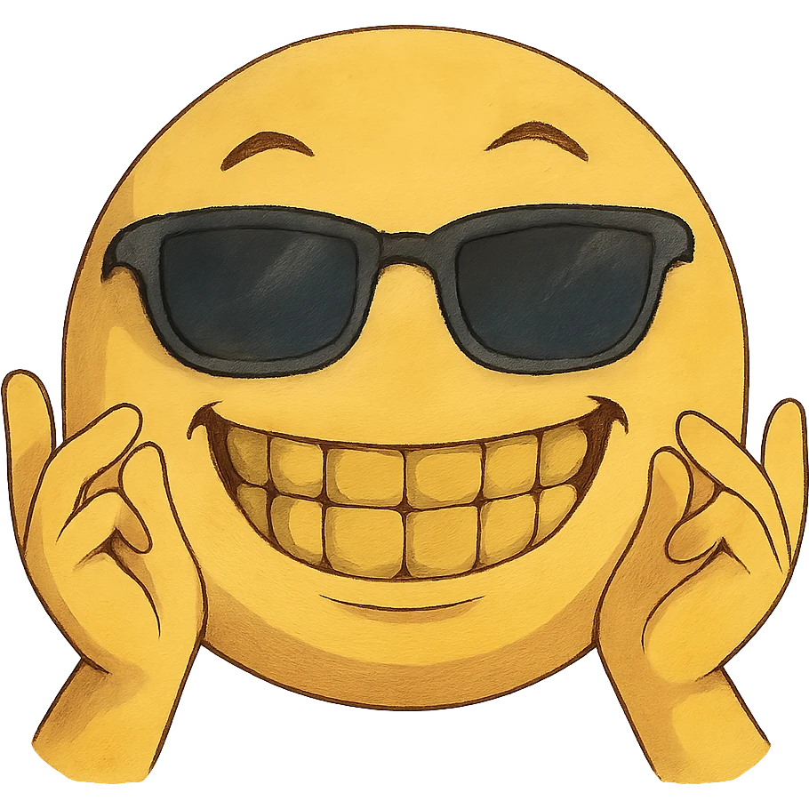 ghibli style yellow emoji with sunglasses, hands up, fingers rubbing together, huge smile, bright grills emoji