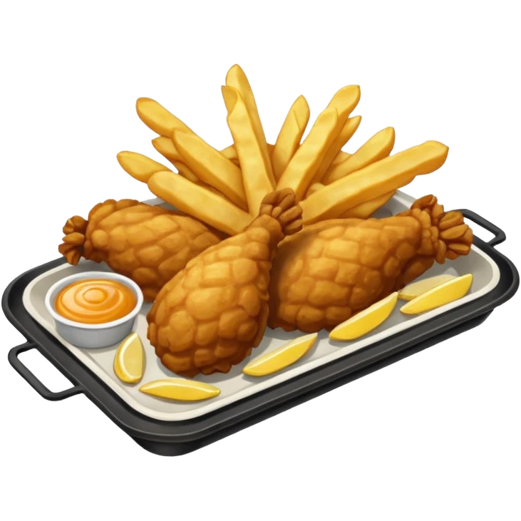Piezas de pollo frito y papas fritas en baston sobre una bandeja rectangular plateada que contiene papel con patrón de cuadros blancos y negros  emoji