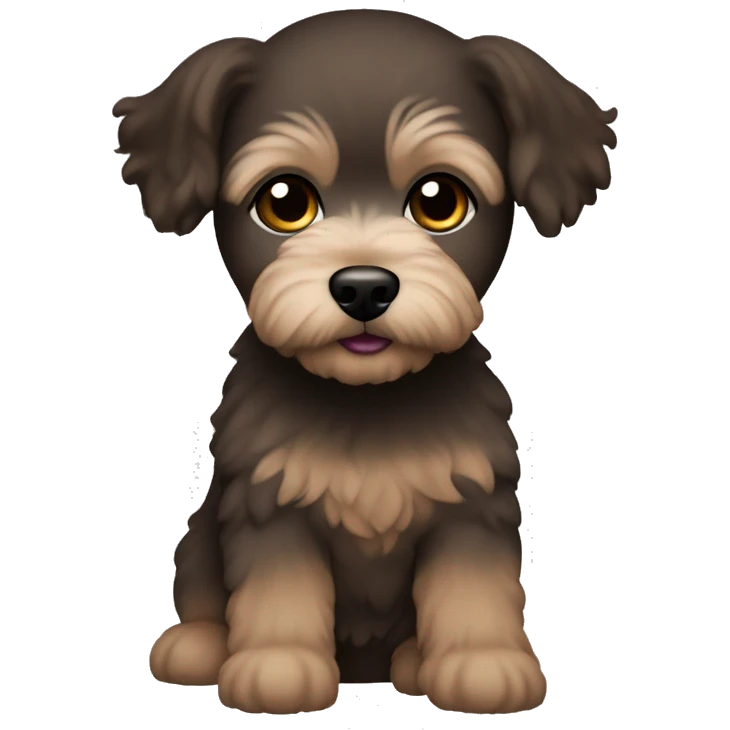 Caucasian woman, medium straight brown hair and brown eyes. with black maltipoo emoji