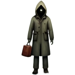 An icon representing a horror game, inspired by Silent Hill 2. The design features a foggy, eerie street with a shadowy figure in the distance. Creepy, dim lighting and dark, abandoned buildings set the tense atmosphere. Transparent background enhances the unsettling mood. emoji