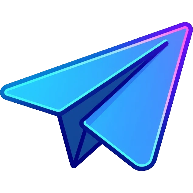 Telegram paper airplane logo in classic blue color, with neon glow lines, blue neon glow on top left, purple neon glow on bottom right emoji