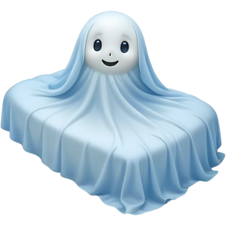 An adorable, peacefully floating sheet-like ghost in gentle pastel whites and blues, its soft, rounded form loosely draped, head resting with closed, serene sparkling eyes and a tiny, contented smile, simplified yet irresistibly charming, highly detailed, with a soft glowing outline that captures the essence of a sleepy, endearing spirit wrapped in cozy slumber! emoji