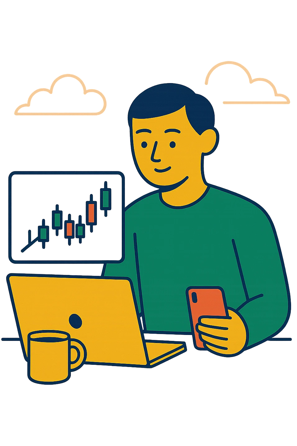 trading desk with laptop, phone, and cup of coffee, flat modern style, bright saturated colors including golds, greens, reds, minimal but expressive, universal look emoji