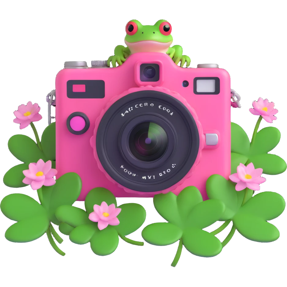 A pink camera with a frog on the screen, surrounded by green clovers, in 3D iOS style, using the same colors as the reference image. emoji