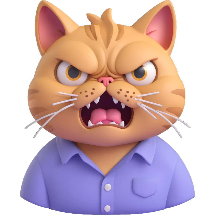 close-up of enraged overworked cat's face in wrinkled shirt, eyes wide with irritation, showing visible stress and annoyance, no table or background, just the cat's face emoji