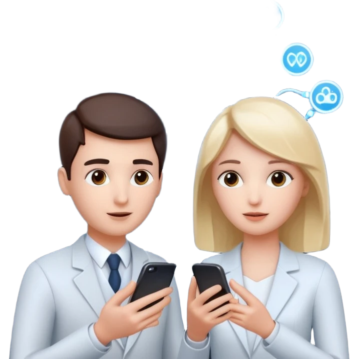 Generate a realistic emoji of a two people using a phone which shows artificial intelligence. Out of the phone is coming 3d ideas and electric symbols  emoji