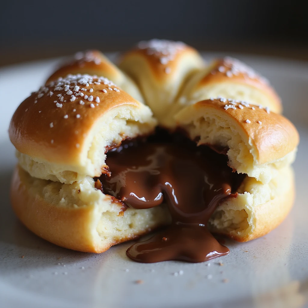 A Brioche Pasquier pitch pastry being crunched open, revealing gooey chocolate filling inside, in a realistic and appetizing style emoji