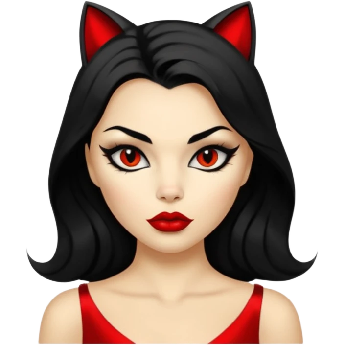 Cat woman goldish skin dark black eyes with black eyeliner dark hair big lips  emoji