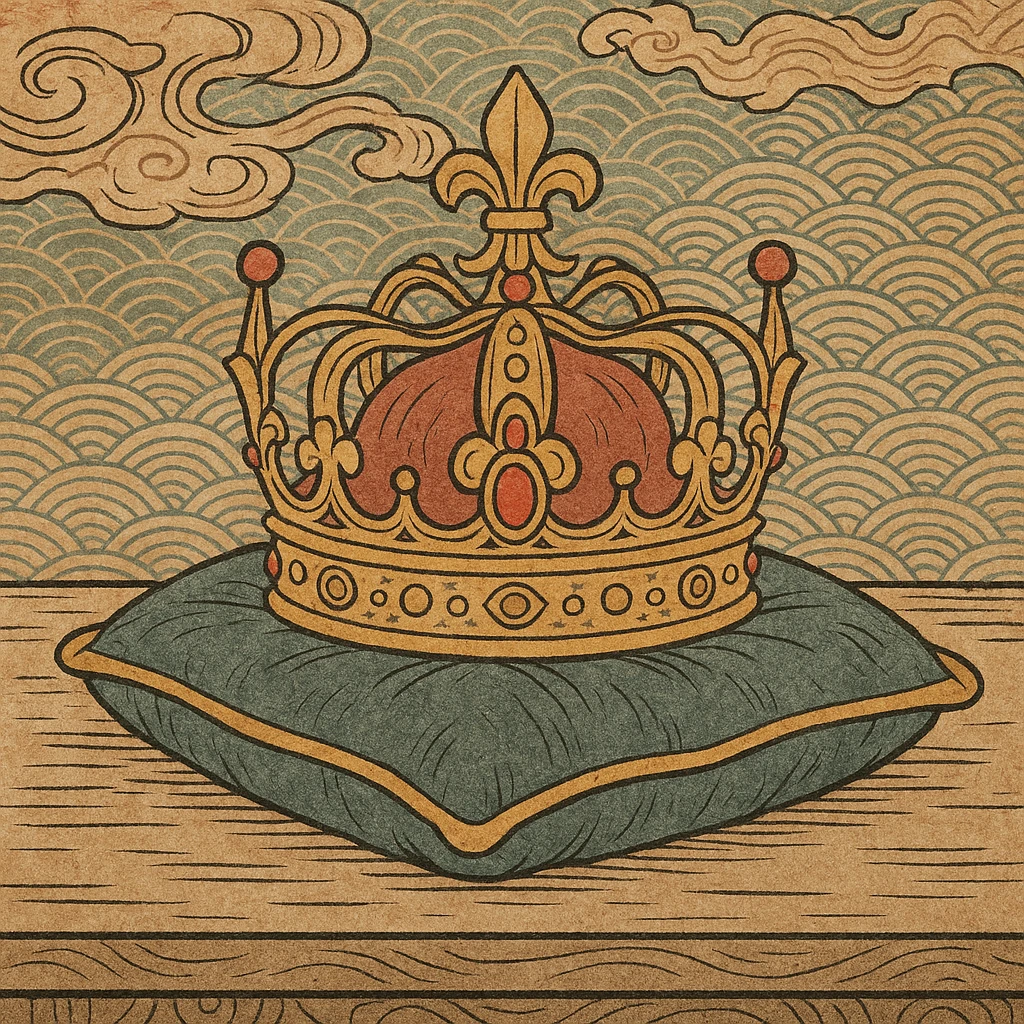 golden crown with rubies lying on a velvet pillow with golden edges emoji
