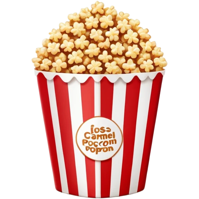 minimal caramel popcorn package, red and white stripes, simplified shapes, essential elements only, few popcorn pieces, Apple emoji style emoji