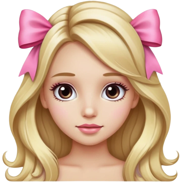 Pretty blonde bombshell girl with long hair and highlights. She has long eyelashes and a pink bow in her hair. emoji