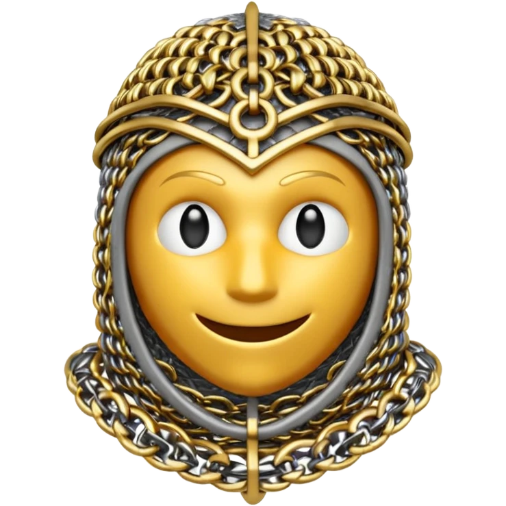 3D render of Medieval Coif, made of interlocking chainmail metal rings, wire mesh texture, visible holes and negative space, metallic silver and grey, high contrast shadows, Apple emoji style, isolated on white background --v 6.0 emoji