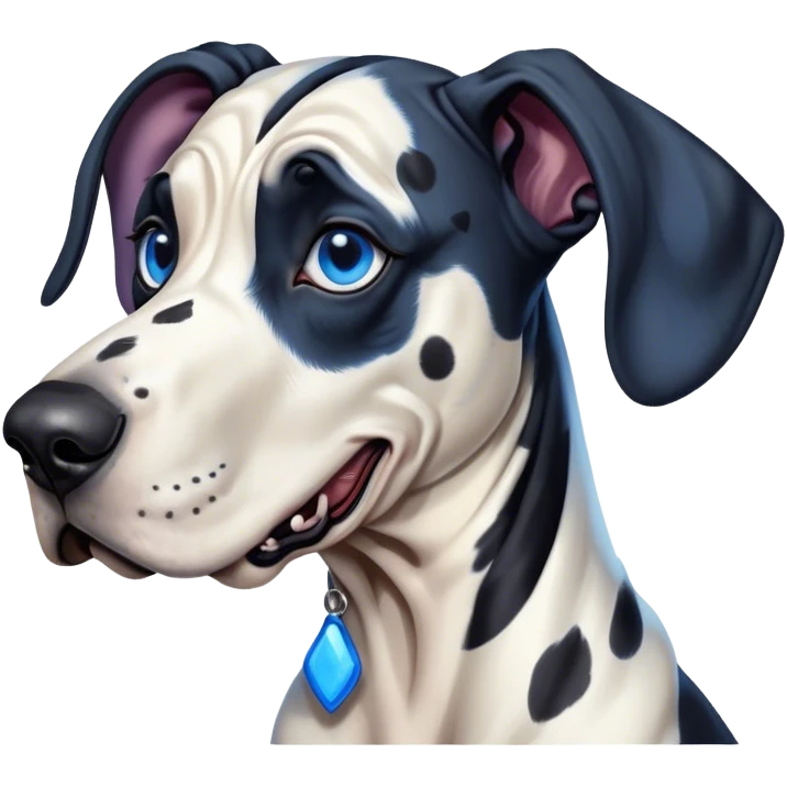 Cinematic Comical Harlequin Great Dane Portrait Emoji, Head tilted dramatically with an exaggeratedly shocked or amused expression, featuring a striking coat of predominantly white with vivid black patches, wide, expressive blue eyes filled with playful disbelief, Simplified yet hilariously expressive features, highly detailed, glowing with a slightly sassy glow, high shine, dramatic yet playful, stylized with an air of cheeky charm, bright and endearing, soft glowing outline, capturing the essence of a spirited and over-the-top guardian, so meme-worthy it feels like it could side-eye its way into internet fame instantly! emoji