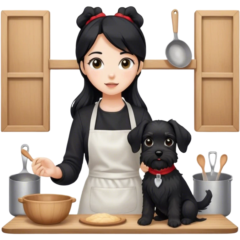 pale girl with long black hair wearing black long sleeve tshirt wearing apron and baking holding black floppy ear schnauzer emoji