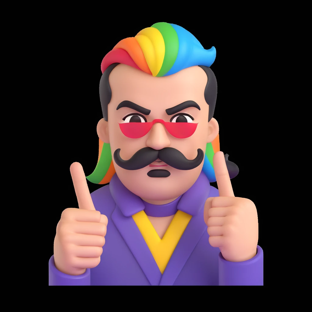 angry person with a rainbow mustache showing middle finger, pride colors, attitude emoji