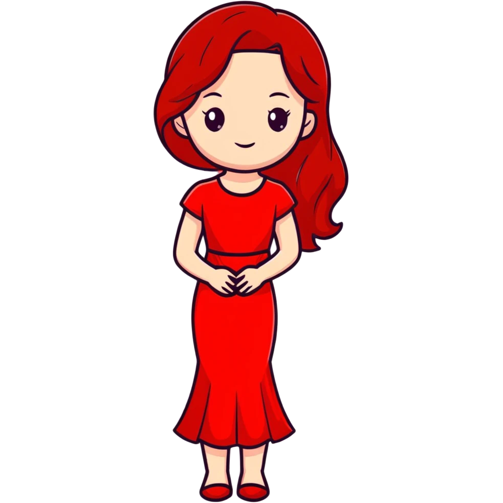 Fair-skin elegant girl in red long dress with long red hair emoji