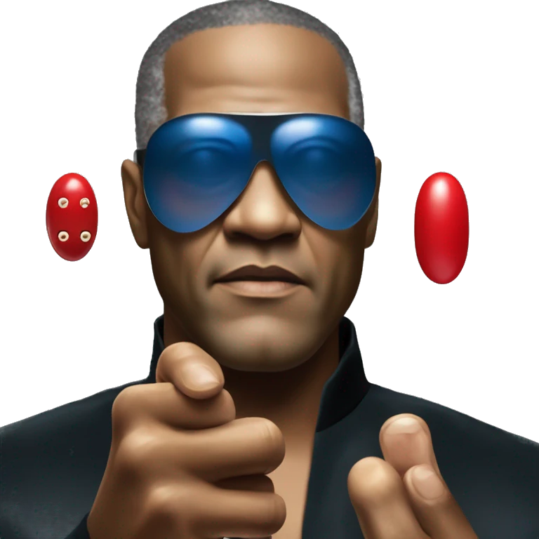 Morpheus, Lawrence fishburne from the matrix, holding red pill in one hand in another hand blue pill emoji