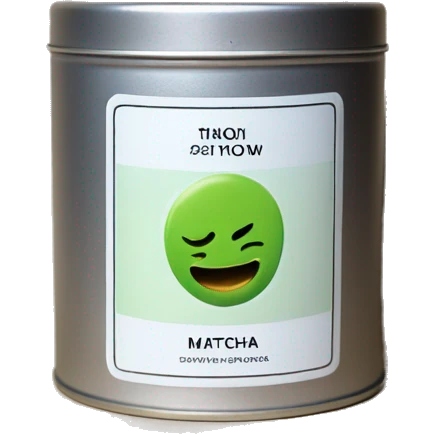 realistic, lit matcha scented candle, silver tin, small white label, text emoji