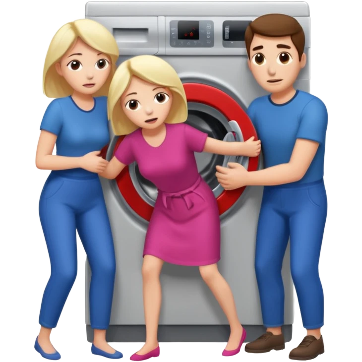 Eine Frau mit dem Kopf  in der Waschmaschine feststeckt und zwei Männer die hinten an ihr ziehen um ihr zu helfen  emoji