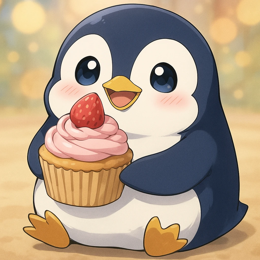 anime style penguin holding a cupcake, looking happy emoji