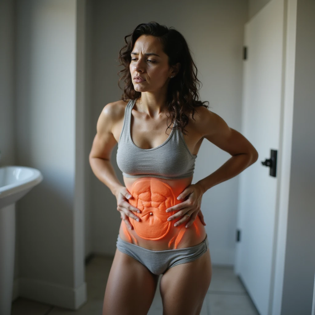 hyperrealistic woman standing with curved posture, both hands on pelvic area, expression of discomfort and pain, realistic anatomical details, 4K quality, bathroom environment emoji
