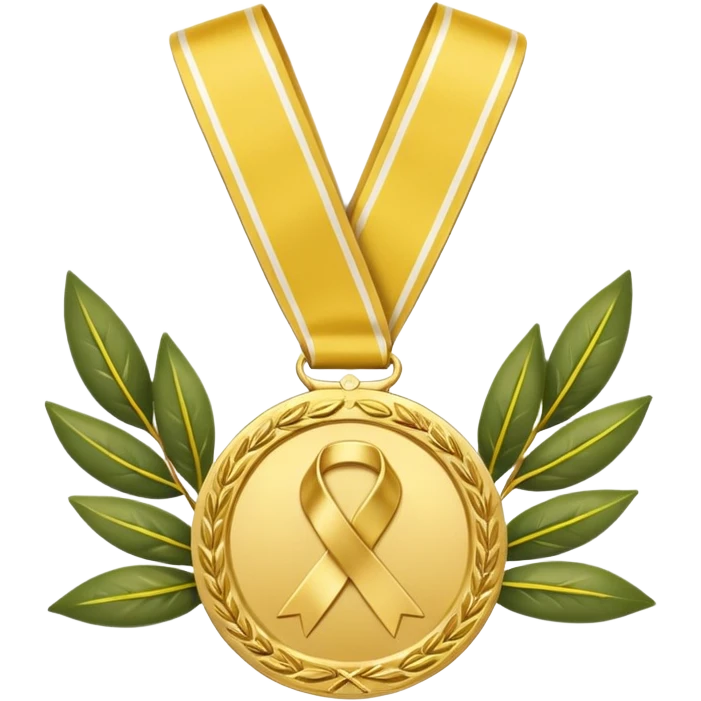 A golden medal with a glossy finish, featuring a central gold awareness ribbon symbol. The ribbon is surrounded by two laurel branches, one on each side, adding a touch of prestige. At the bottom, a small ornamental 'X' symbol completes the design emoji