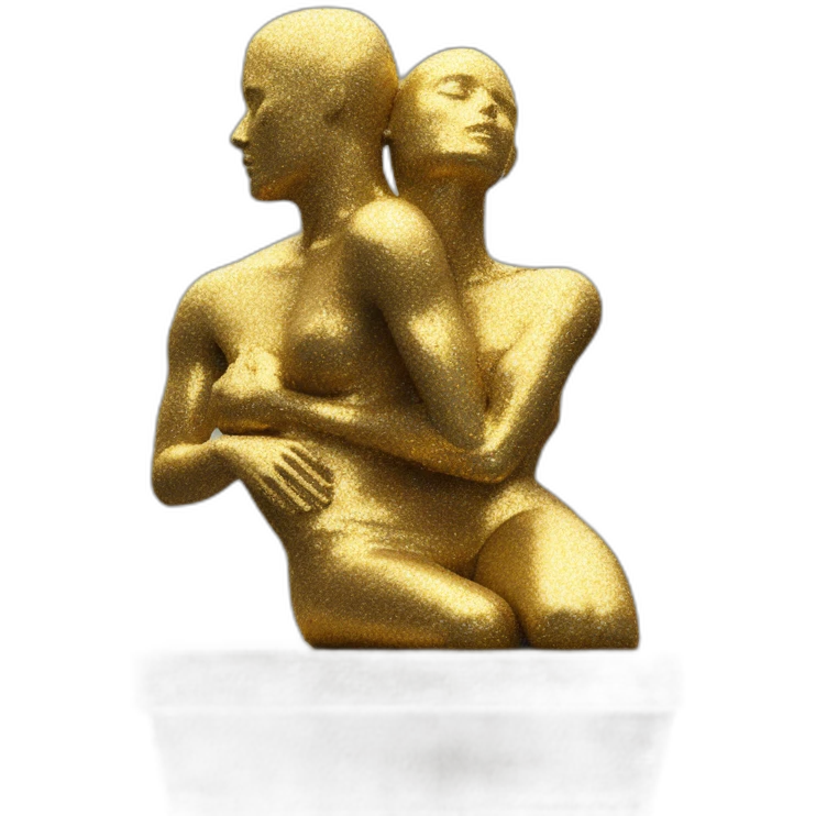modern sculpture, abstract colorful figures on a golden glittering pedestal, zoomed-out view of the entire statue, 4K resolution 4:3 emoji