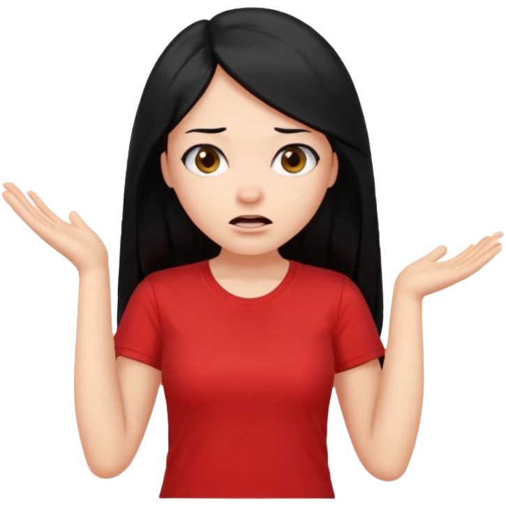 빨간색 티셔츠를 입고 긴 검정머리를 가진 여성이 모르겠다는 듯이 어깨를 올리고 고개를 살짝 틀고있는 제스처를 하고있음 🤷🏻‍♀️ emoji
