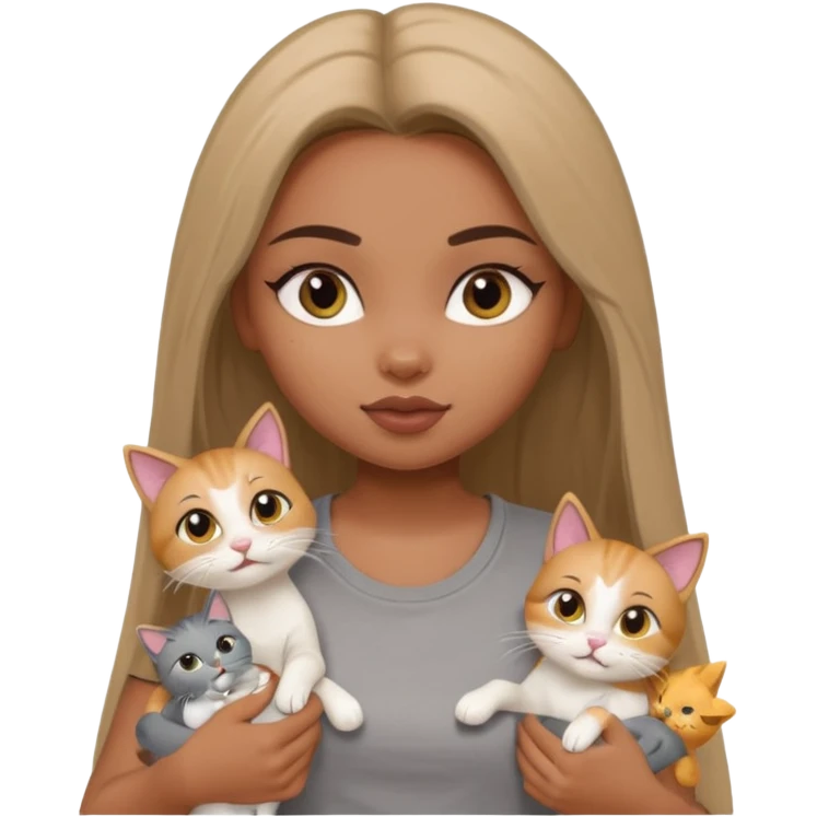 a pretty bratz dusky girl with long straight hair playing with 2 cats nd wearing a grey tshirt emoji