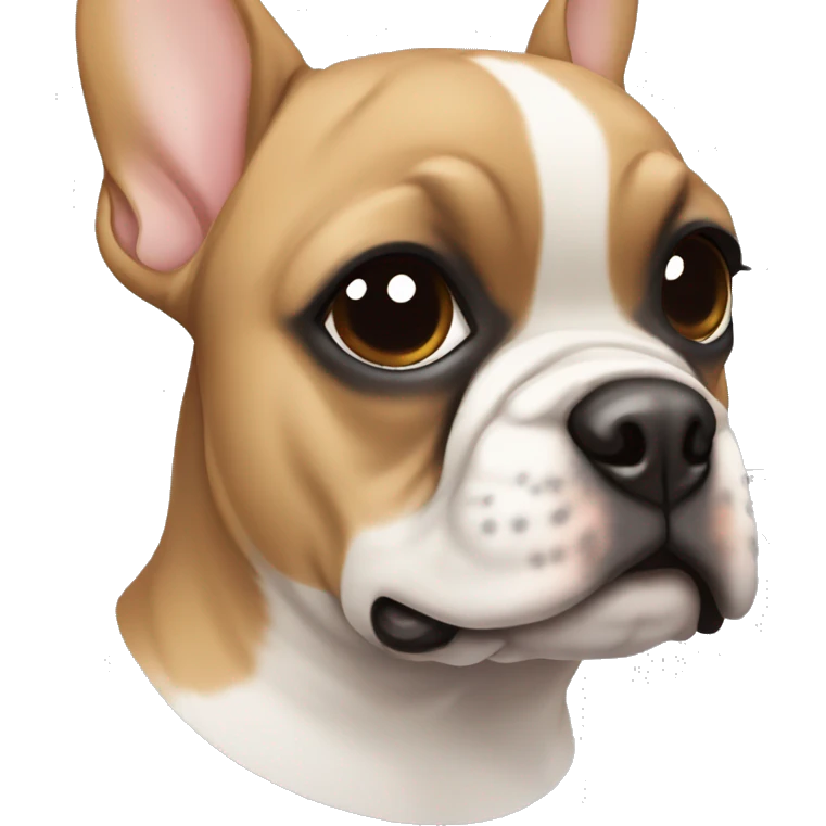 Light brown Frenchie with a white stripe on face and a black eye and a black spots emoji