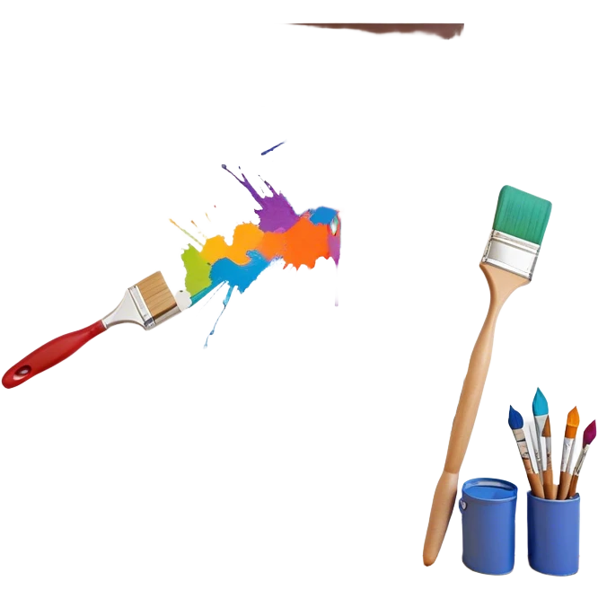 Create an icon that represents the hobby of wall painting, featuring a wall with a beautiful painting in progress. The design should include a paintbrush, a roller, and part of the wall decorated with colorful patterns or a mural. The icon should show the process of creating the artwork, with the brush strokes visible on the wall, symbolizing the artistic nature of the craft. The composition should be balanced and harmonious, evoking creativity and skill. The background should be transparent. emoji