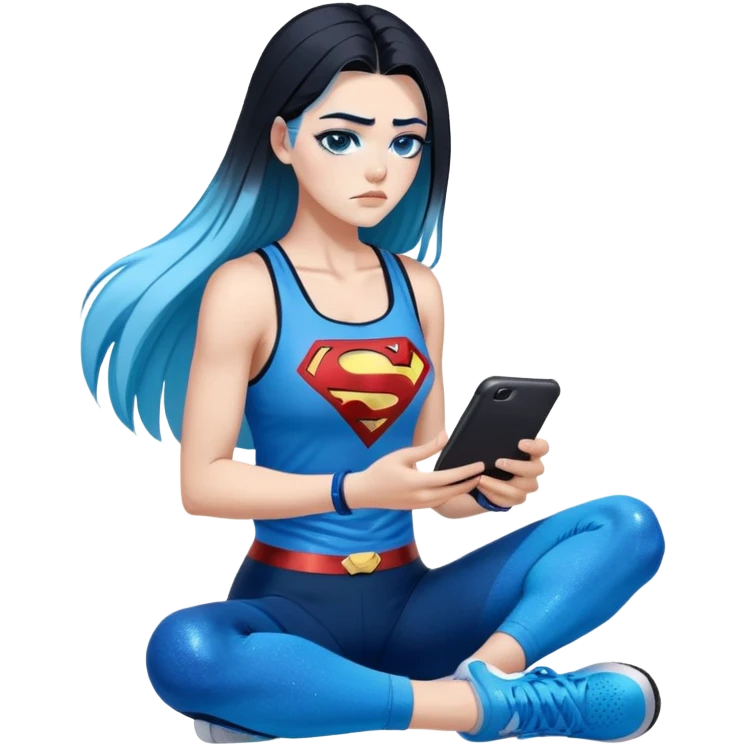Shameful disappointed crying-very very very very big chest-texting on a samsung cell phone-very long straight flowing black to sky blue hair ombre-blue eyes-black eyeliner-long eyelashes-plastic sparkling sky blue very low cut tank top with sparkling superman logo-black leggings-nike sneakers emoji