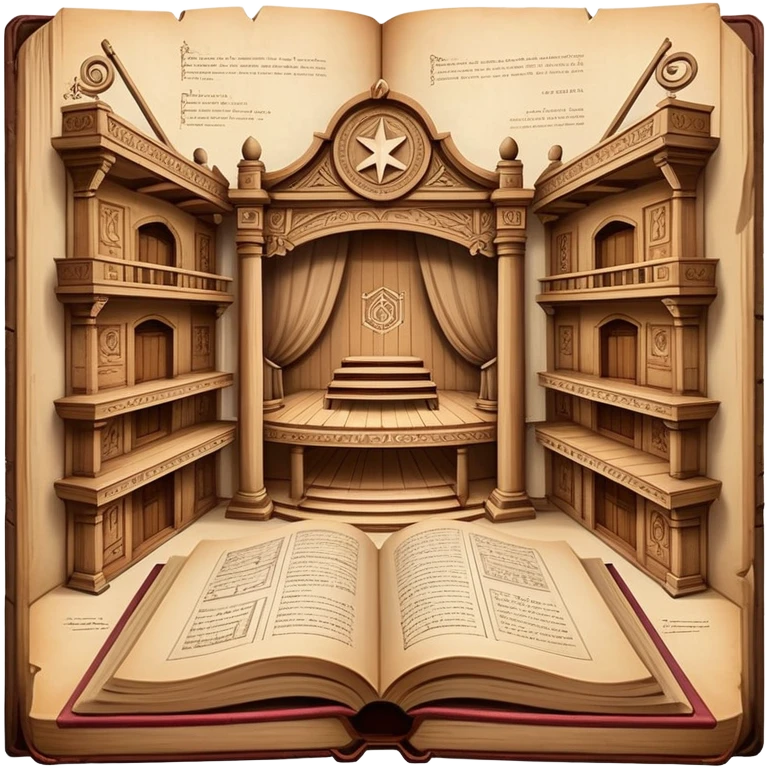 Ancient book with pages open wide displaying multiple theatrical set sketches, perspective drawings of stage designs, backdrop illustrations with Puerto Rican symbols integrated, wooden cover edges emoji