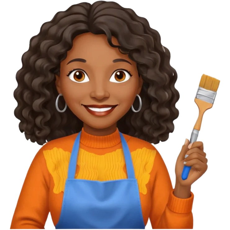 FEMME FRISÉ 60 ANS CHEVEUX NOIR FRISÉ ONDULÉ TRÈS  LONG , SOURIANTE AVEC CHANDAIL ORANGE ,   YEUX BLEU ET UN PINCEAU À LA MAIN LA MAIN AVEC 5 DOIGT SEULEMENT ET TABLIER emoji