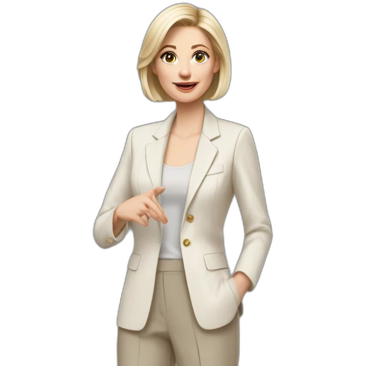 Full height Actively gesturing with hands pale skin woman with ash blonde Straightened bob Hair, White Spacious classical jacket, beige palazzo Arrow pants and gray blouse emoji