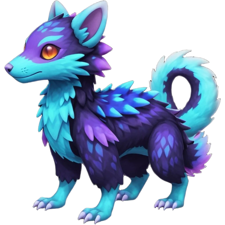 Colorful bioluminescent dark abysmal abyssal neon-glowing Trico-Sergal-Furret-Ferret-Wickerbeast-Vernid-fusion-Fakemon-animal-hybrid-creature, full body emoji