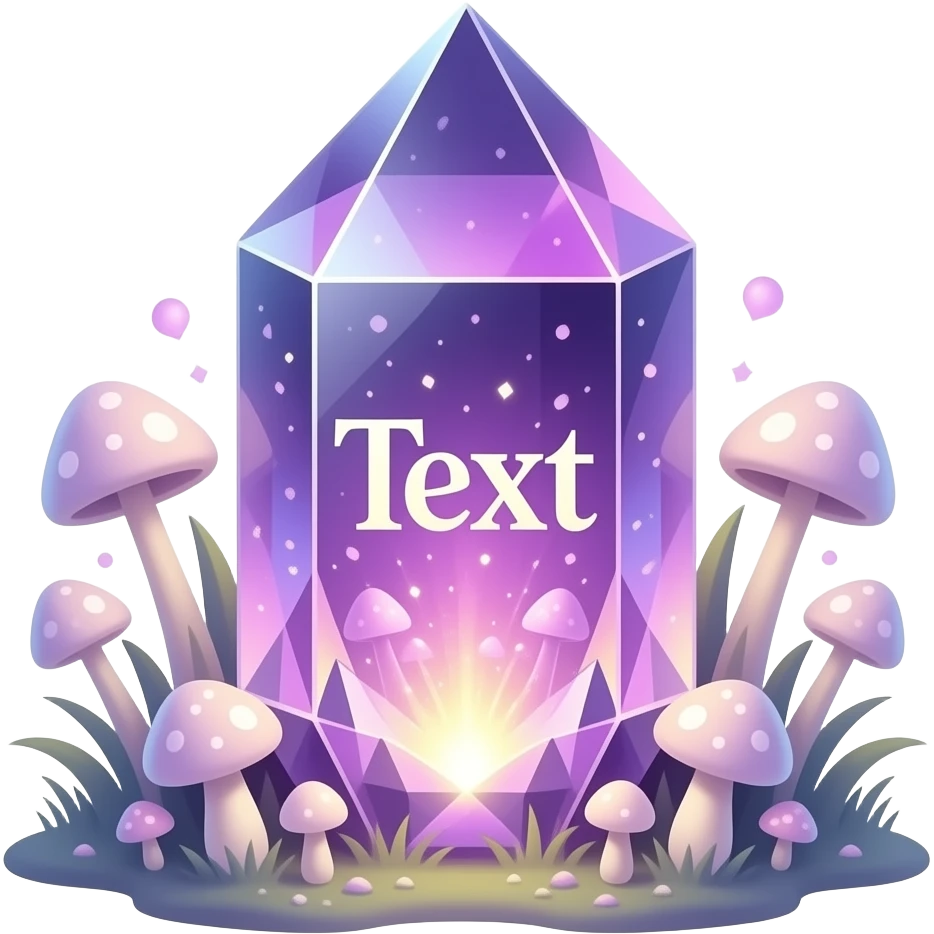 The word 'Text' carved out, transparent Amethyst crystal, internal glowing magical light, surrounded by soft glowing mushrooms, magical realism style, detailed, 3D, shimmering particles, fantasy illustration emoji