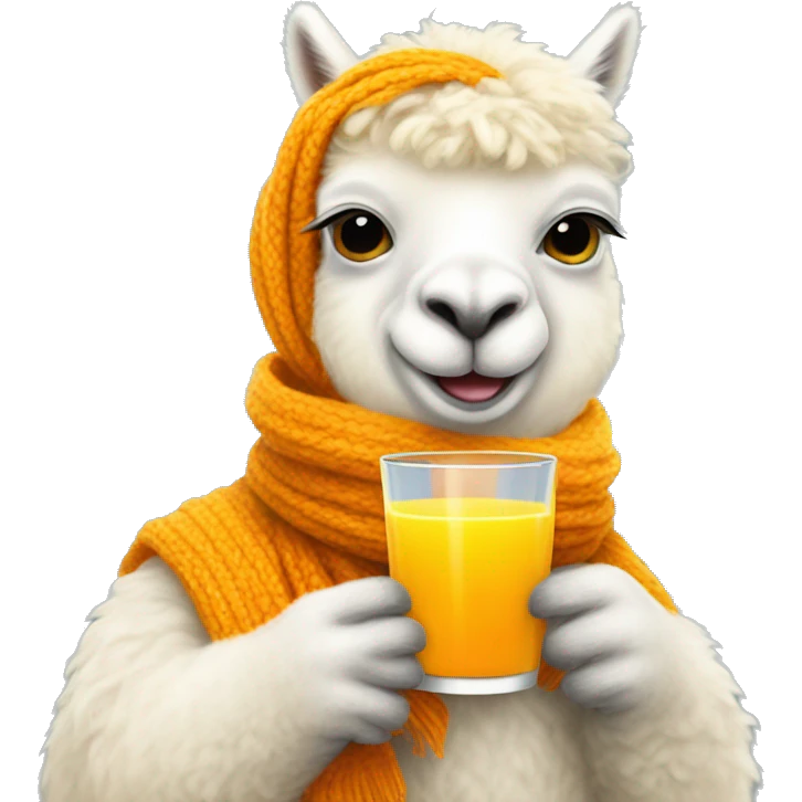 White alpaca wearing a yellow scarf and his drinking orange juice emoji