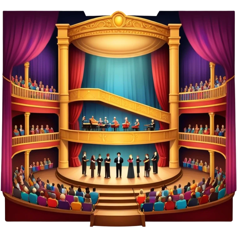 An icon depicting a theater stage with actors performing a play, illuminated by dramatic lighting. The audience watches from colorful balconies, while an orchestra plays in the pit, creating an immersive atmosphere. transparent background. emoji