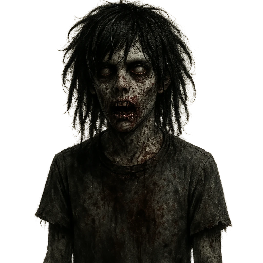 creepy zombie boy with black medium-long emo hair, shaggy with dreads, dark and spooky emoji