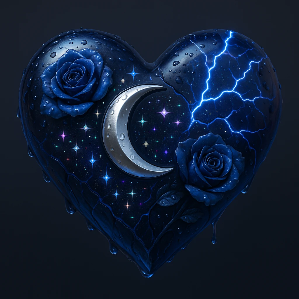 Create a gothic heart made of deep blue glass with a silver crescent moon, midnight blue roses, holographic stardust, neon lightning, drenched look, and splintered glass texture. The style should emulate the 3D emoji style with a focus on depth and shine. emoji