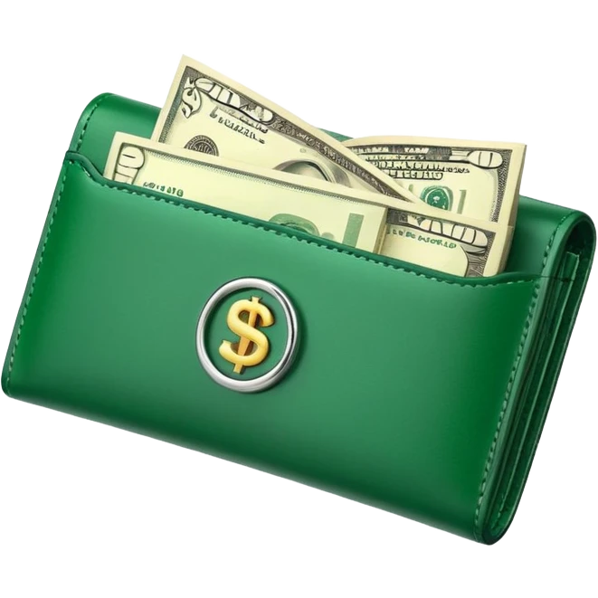 Rich emoji style greenleather wallet with dollar bills, luxury money vibe, premium 3D emoji, ultra clean, high detail, no background emoji