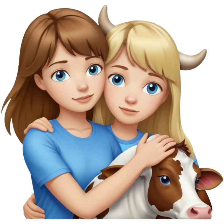 Woman with brown hair long and blonde highlights, bangs in front, blue eyes, white t shirt hugging a cow emoji