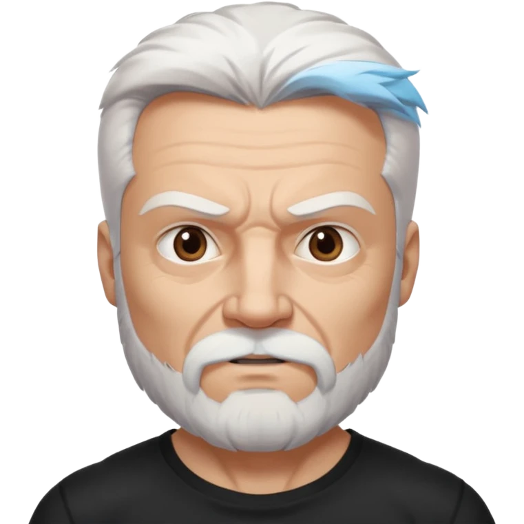 White haired muscled adult man with a black t-shirt. He has white beard with a long goatee. Dark brown eyes and some wrinkles. Attractive, Wolverine vibes. emoji