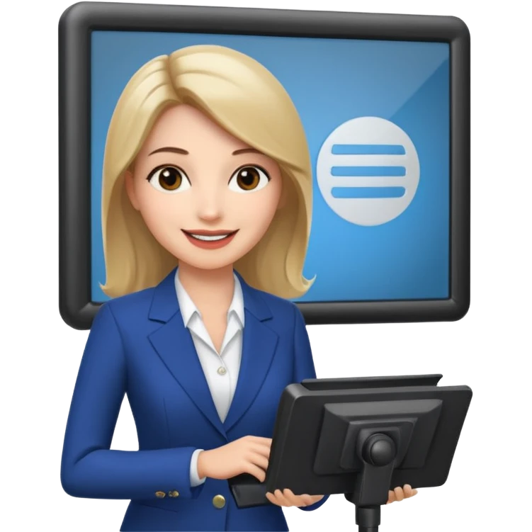 news anchor woman, with a screen with a prompter in front of her emoji